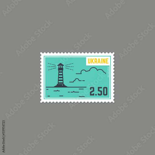 Postage stamp with lighthouse. Sea or ocean view with waves and clouds. Rectangle postage stamp with perforation. Flat style line modern vector illustration with retro colors. For postal postcards.
