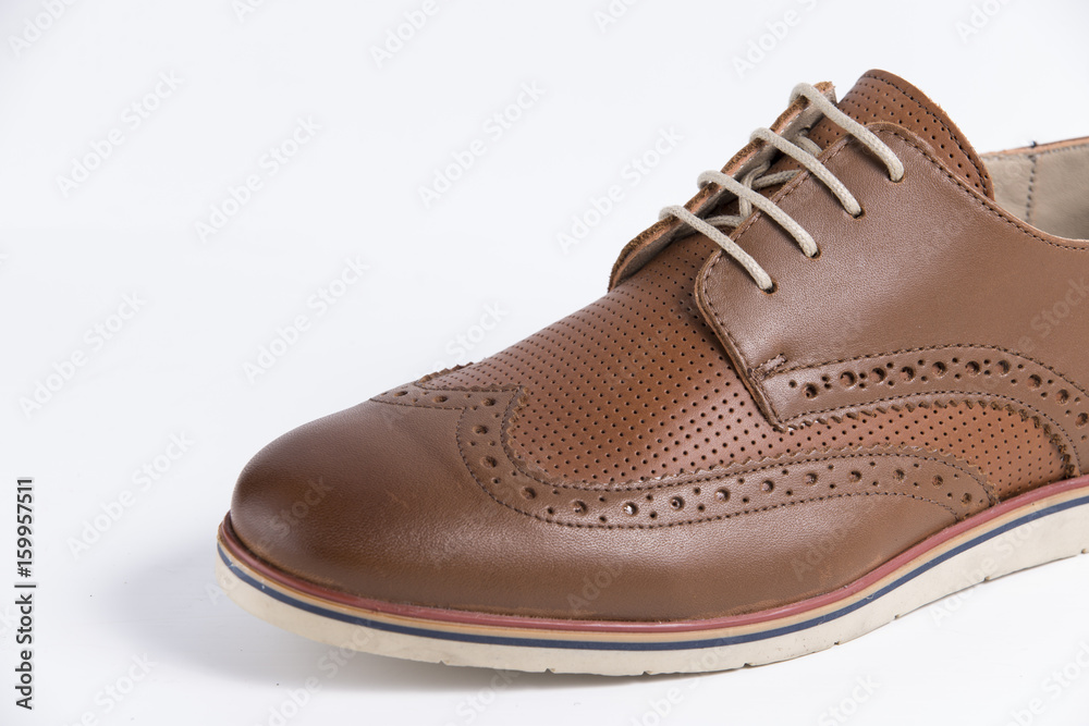 Male Brown Shoe on White Background, Isolated Product, Top View, Studio.