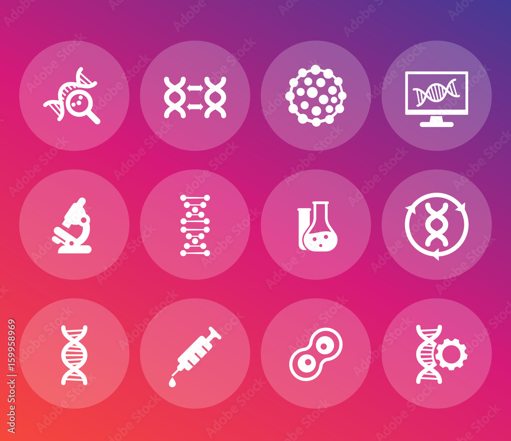 genetics icons set, dna chains, genetic modification and research genetics icons set, dna chains, genetic modification and research