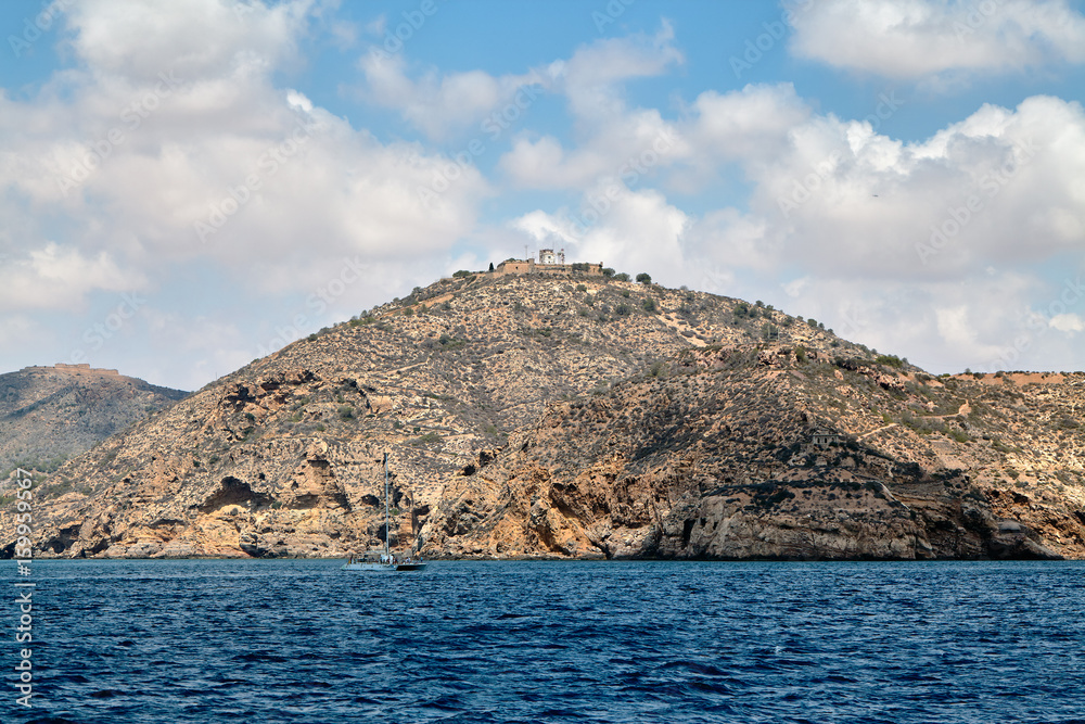 Defensive structures in the vicinity of Cartagena, Spain. Fortifications, a fort with artillery, a bunker and a military base.