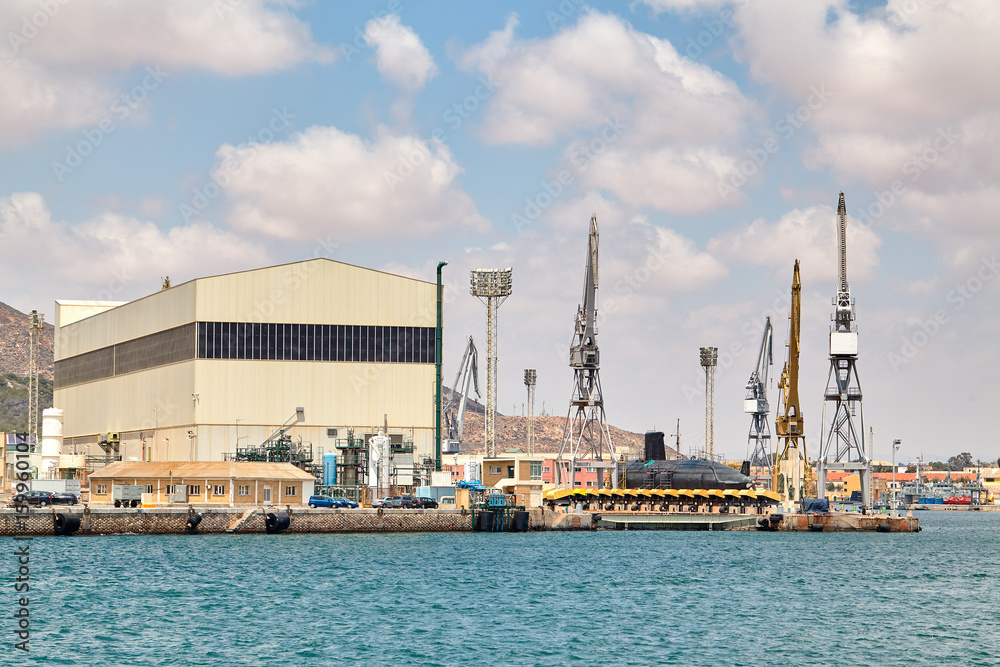 Seaport of Cartagena, Spain. Cartagena Shipyards, sea cranes, the Mediterranean Sea.