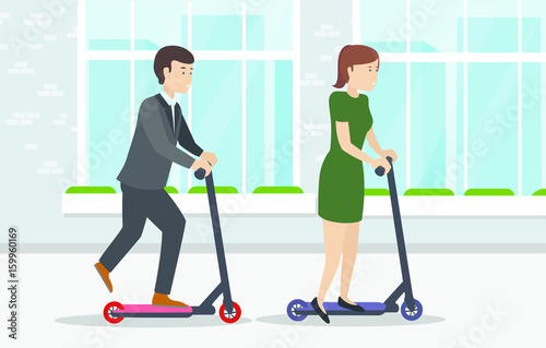 Young business people riding to office on kick scooters. Go Green. Healthy lifestyle futuristic corporate concept illustration vector.