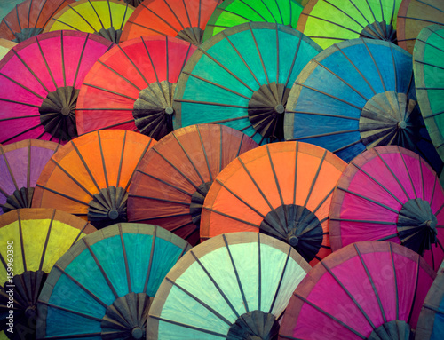 Laos  Luang Prabang. Umbrellas made of paper of different colors