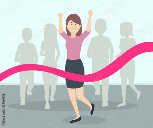 Running business woman crossing the finish line. Business race career success concept illustration vector.