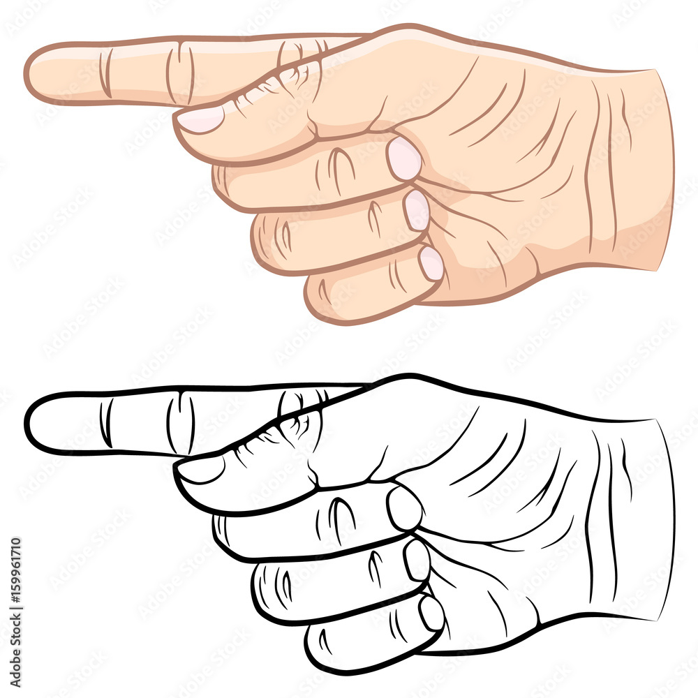 Vector illustration of a pointing finger, both in color and black and white.