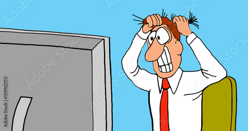 Business cartoon illustration of a business man pulling his hair out as he looks at his computer screen.