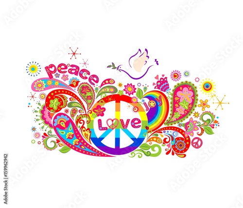 Colorful poster with abstract flowers, rainbow, hippie peace symbol and dove