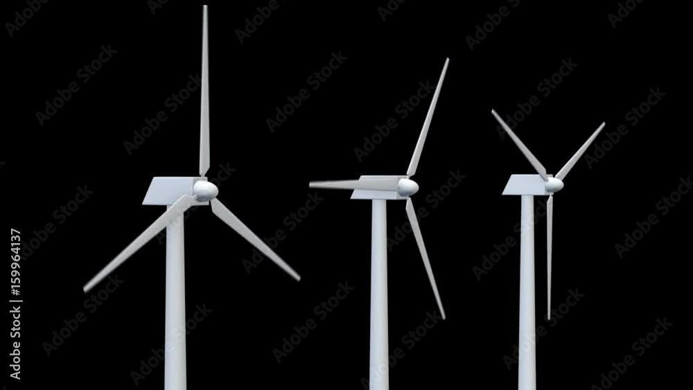 Seamless looping animation of wind turbines spinning. 3D render footage in FullHD