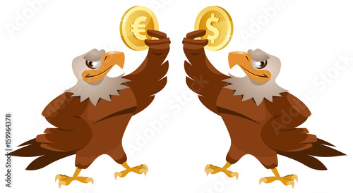 One eagle holding dollar symbol and another eagle holding euro symbol . Cartoon styled vector illustration. Elements is grouped. Isolated on white.