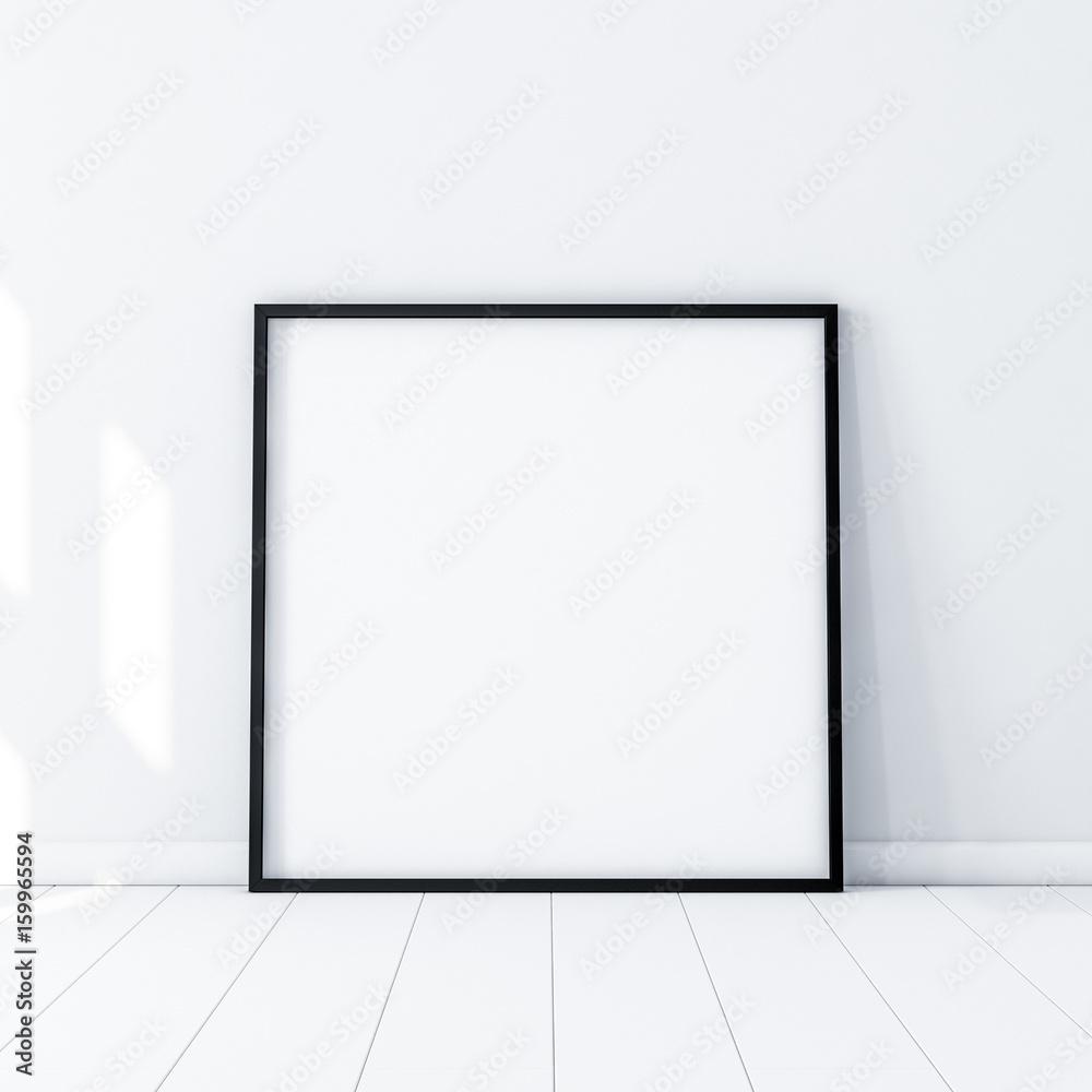 Square Poster with Black Frame Mockup standing on the floor in white room. 3d rendering Square Poster with Black Frame Mockup standing on the floor in white room. 3d rendering