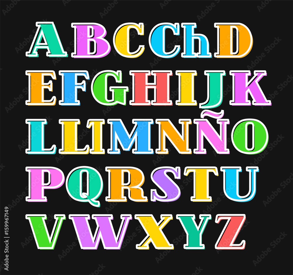 Spanish alphabet colorful letters, white outline, vector.  Capital letters with serif on a black background. White outline is offset to the side.  