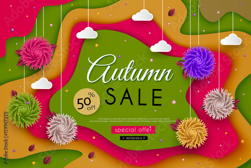 Autumn Sale. 3D stylized multicolored flowers, leaves, landscape, clouds, message. Abstract floral origami pattern. Paper art. Vector illustration