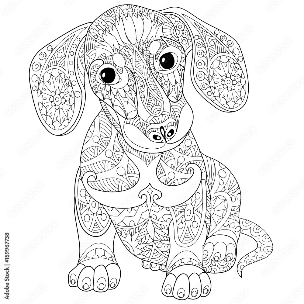 Coloring book page of dachshund puppy dog, isolated on white ...