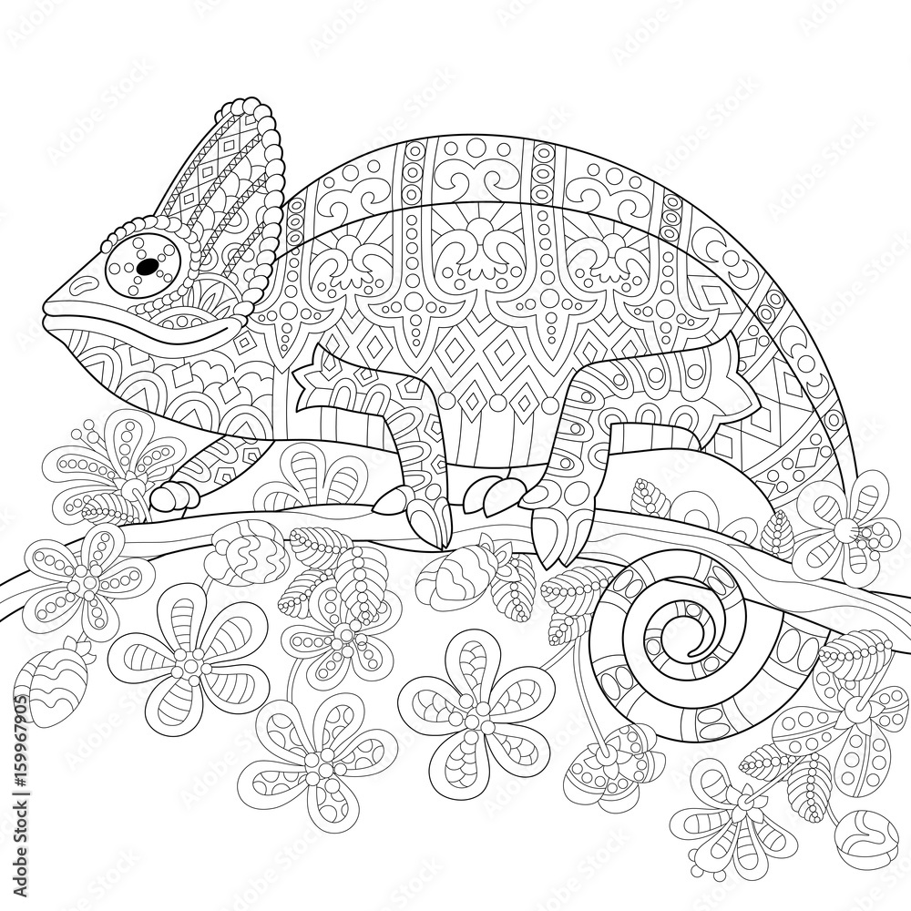 Coloring book page of chameleon lizard and stylized tropical ...