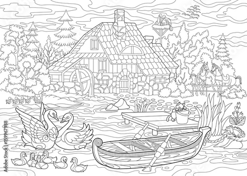 Coloring book page of rural landscape, farm house, ducks, kitten, swans, horses, frog, storks, flock of seagulls. Freehand drawing for adult antistress colouring with doodle and zentangle elements.