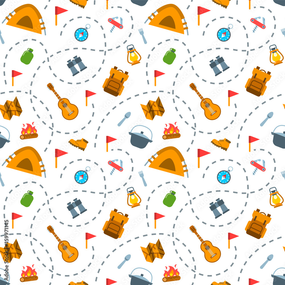 Hiking tourism seamless pattern. Wild nature travel vector flat ...