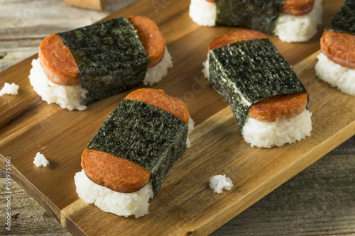 Canvas Print Homemade Healthy Musubi Rice and Meat Sandwich