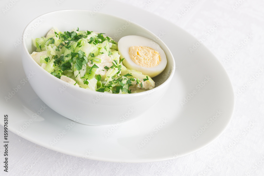 mayo based fresh green salad of cabbage and chicken breast decorated with egg and sprinkled with parsley mayo based fresh green salad of cabbage and chicken breast decorated with egg and sprinkled with parsley