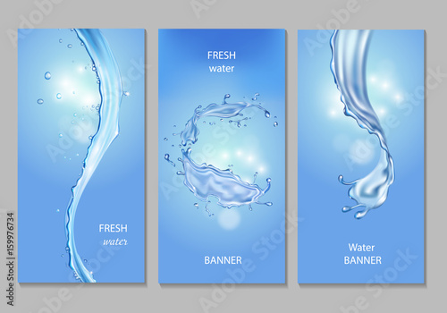 Vertical banner with flows and drops of crystal clear blue water. Vector freshness concept set