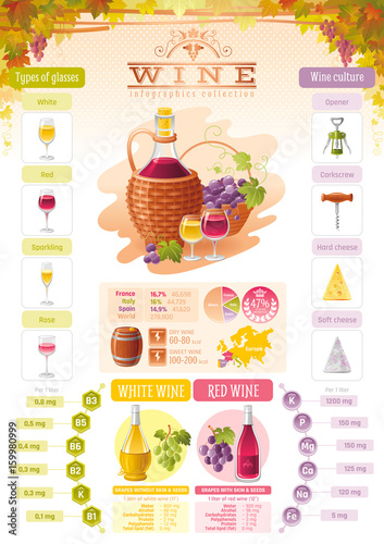 Wine infographic icons. Vector alcohol drink icon set, isolated background. Diagram flyer design. Diet food vitamin table, red, white, rose, sparkling glass, Europe map, vineyard. Flat illustration