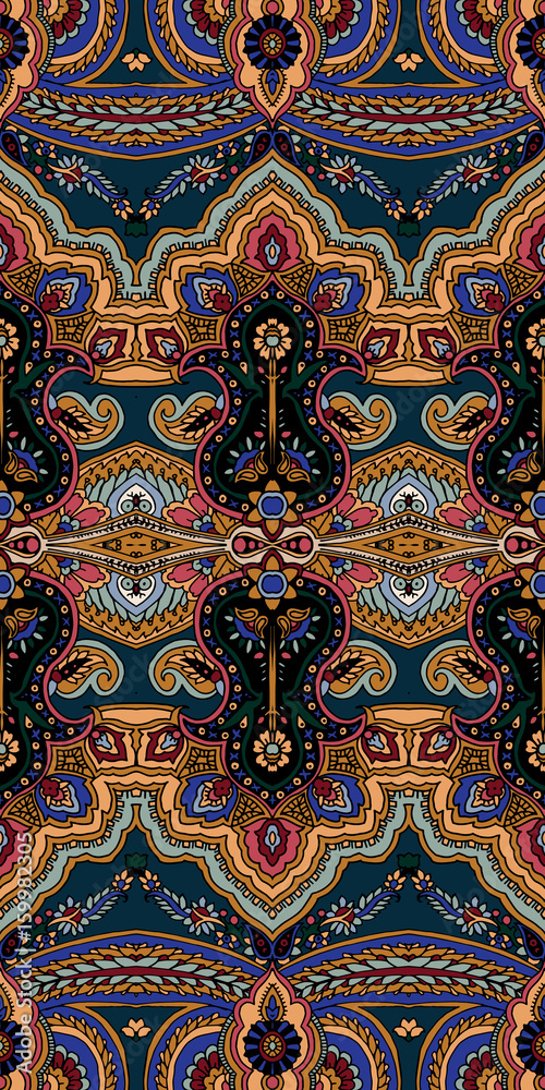 Seamless abstract geometric paisley pattern. Traditional oriental ethnic ornament, on dark teal background. Textile design.
