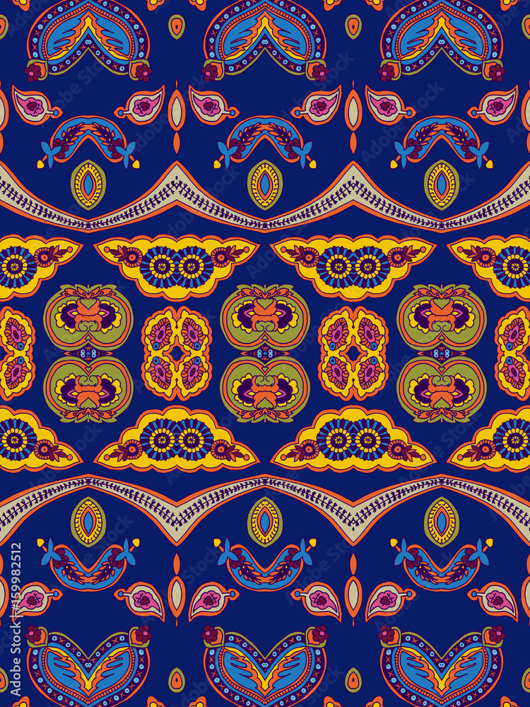 Seamless abstract geometric paisley pattern. Traditional oriental ethnic ornament, on indigo blue background. Textile design.