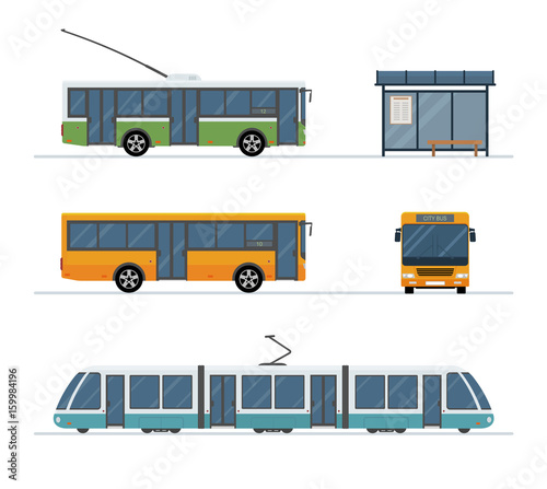 Flat style concept of public transport. Set of city trolley bus, bus, tram and bus stop isolated on white background. Vector illustration. 
