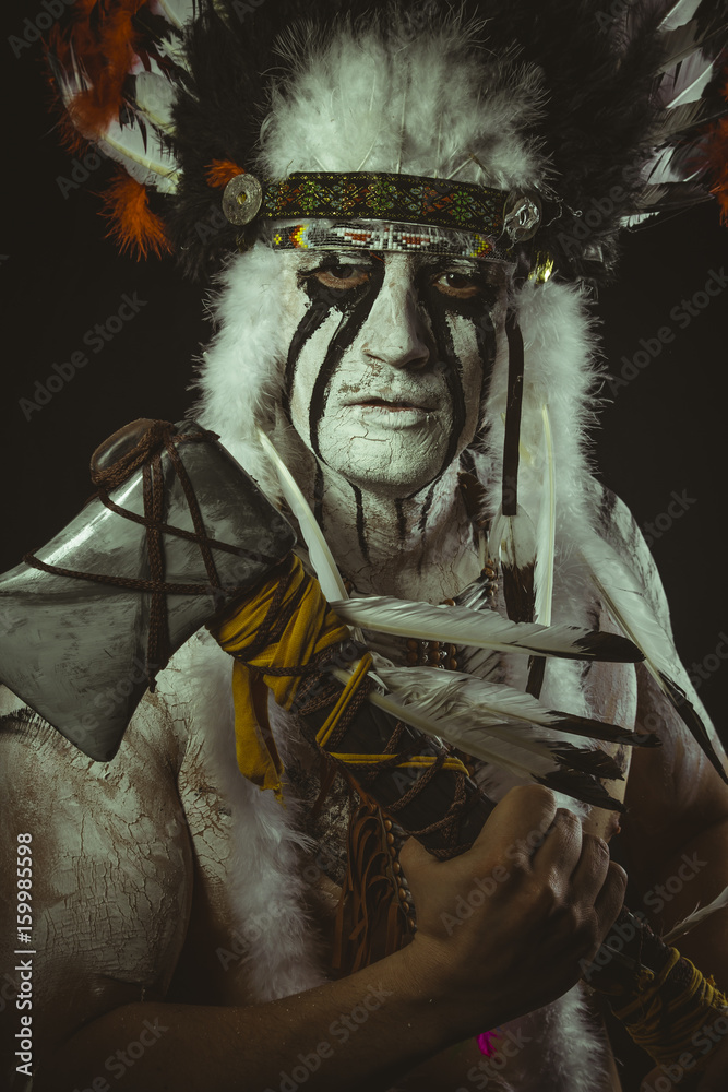Aboriginal, American Indian with plume of feathers, ax and war ...