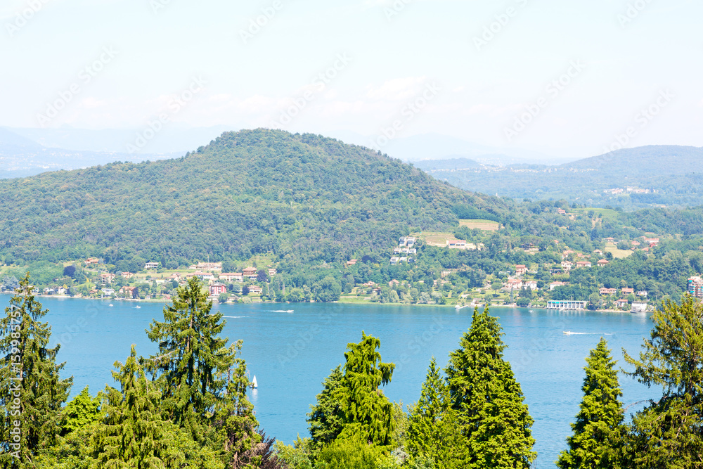 in italy landscape panorama of lake and mountain