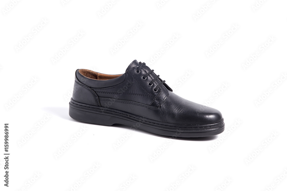 Male Black Shoe Leather Quality on White Background, Isolated Product, Top View, Studio. Male Black Shoe Leather Quality on White Background, Isolated Product, Top View, Studio.