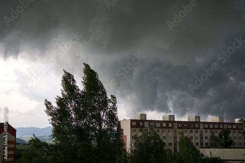 Heavy storm clouds and strong wind over the town. Slovakia