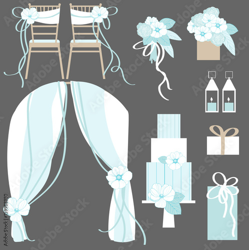 Wedding flowers, cake, decoration for chairs, bridal bouquet. Vector illustration.
