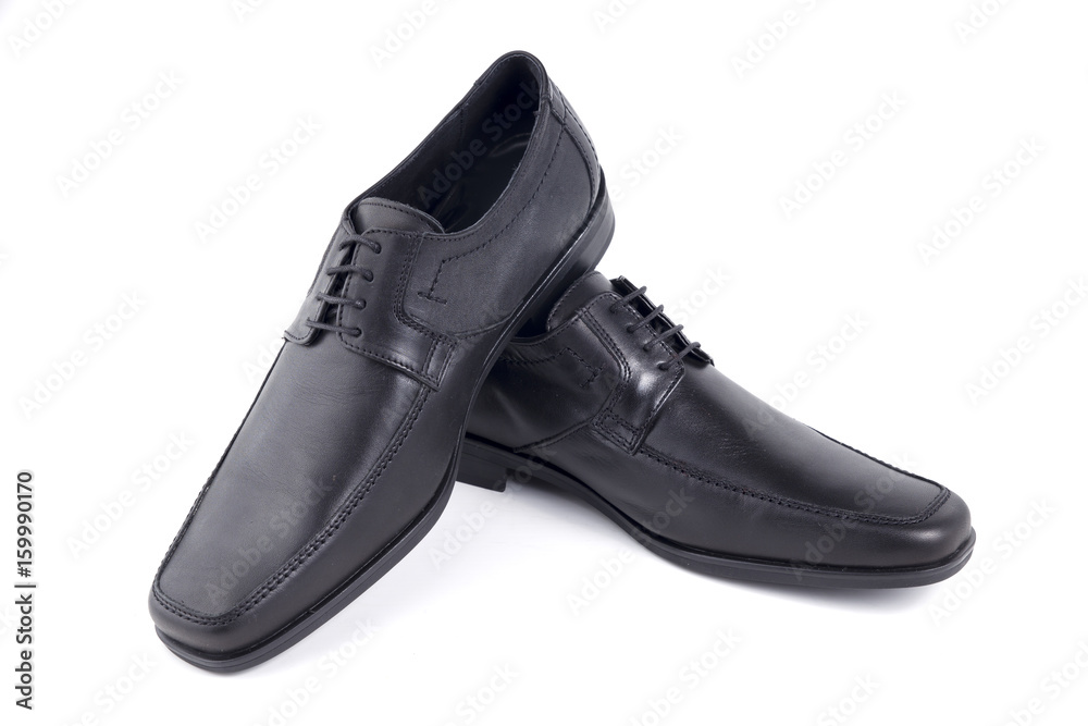 Male Black Shoe Leather Quality on White Background, Isolated Product, Top View, Studio. Male Black Shoe Leather Quality on White Background, Isolated Product, Top View, Studio.