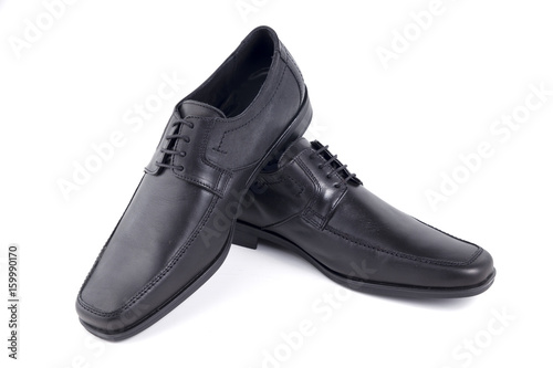 Male Black Shoe Leather Quality on White Background, Isolated Product, Top View, Studio.