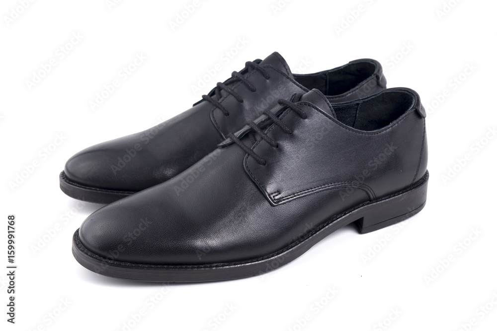 Male Black Shoes Leather Quality on White Background, Isolated Product, Top View, Studio.