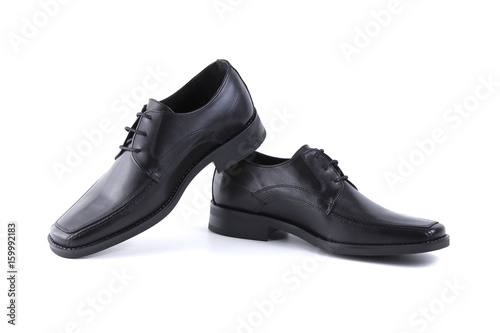 Male Black Shoes Leather Quality on White Background, Isolated Product, Top View, Studio.