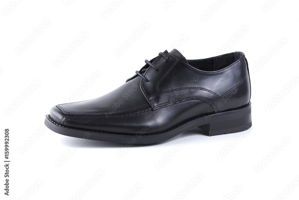 Male Black Shoes Leather Quality on White Background, Isolated Product, Top View, Studio.