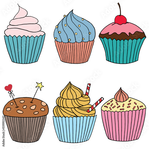 Vector cupcake illustration. Set of hand drawn cupcakes. Doodle cakes with cream and berries.