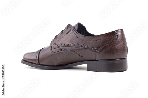 Male Brown Shoe on white Background, Isolated Product, Top View, Studio.