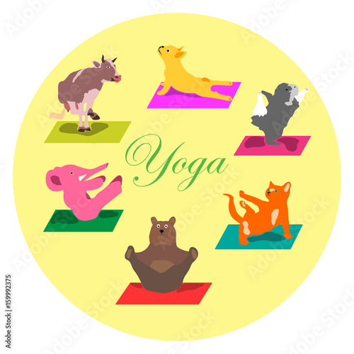 Vector hand-painted yoga postures with cartoon animals in different poses for body care and feet in the lotus health and fitness, wellness and spirituality concept