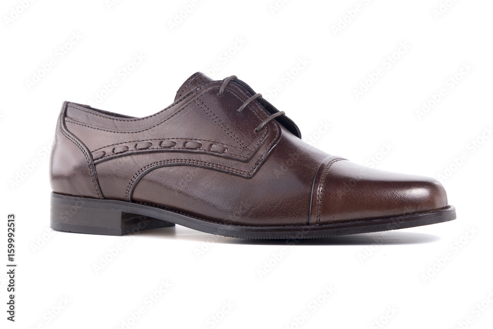 Male Brown Shoe on white Background, Isolated Product, Top View, Studio. Male Brown Shoe on white Background, Isolated Product, Top View, Studio.