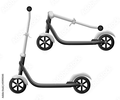 Roller scooter set. Balance bikes. Different scooters eco alternative city transport. Flat design biking and rolling wheels. Vector kick scooter collection. Push cycle set isolated on white.
