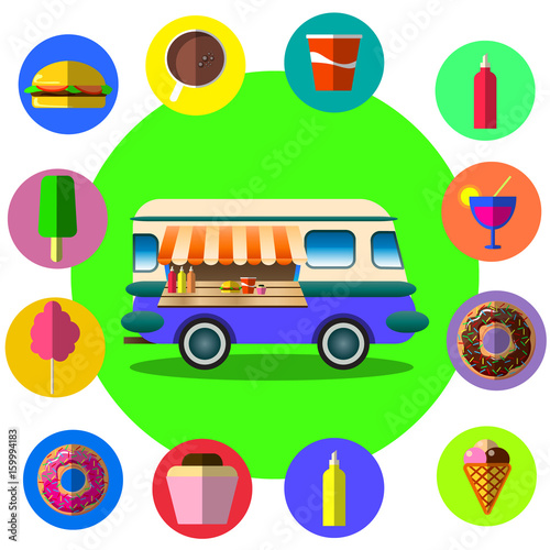 Food truck among palm trees on tropical beach. Vector cartoon illustration