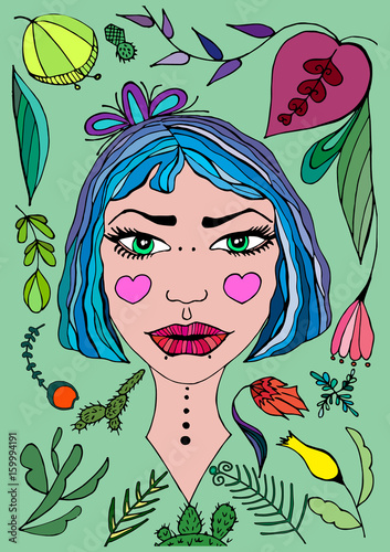 Hand-drawn dreamlike girl portrait, vector illustration