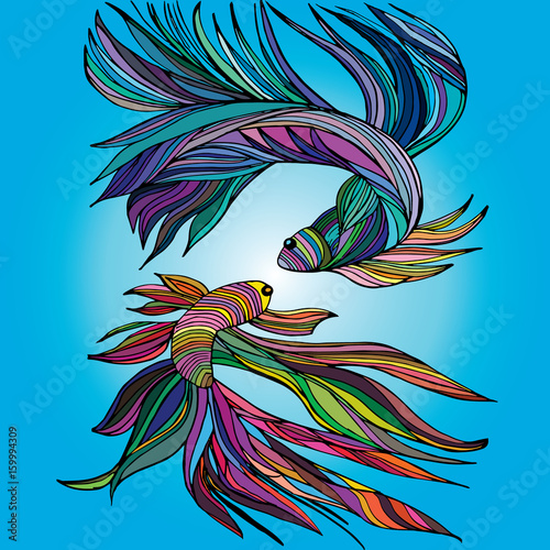 Two small fishes, yin-yang, hand-drawn, vector illustration
