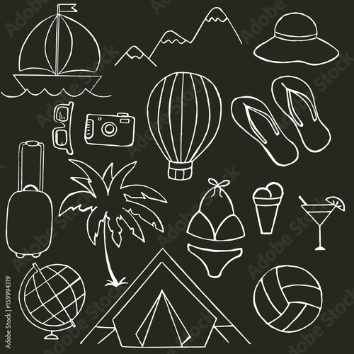 Black and white illustration on the theme of summer holidays, tourism, entertainment