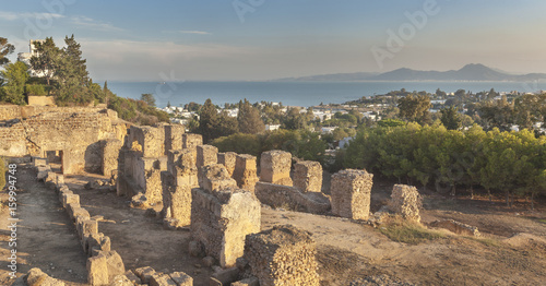 Panoramic view of punic ruins on Byrsa with Tunis bay in background, Carthage, Tunisia
