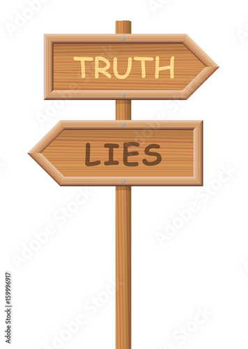 TRUTH LIES wooden signpost, choose your path - facts or fake, verity or fraud, honesty or deception - isolated vector illustration on white background.