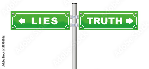 LIES TRUTH road sign, which is your way - facts or fake, verity or fraud, honesty or deception - isolated vector illustration on white background.