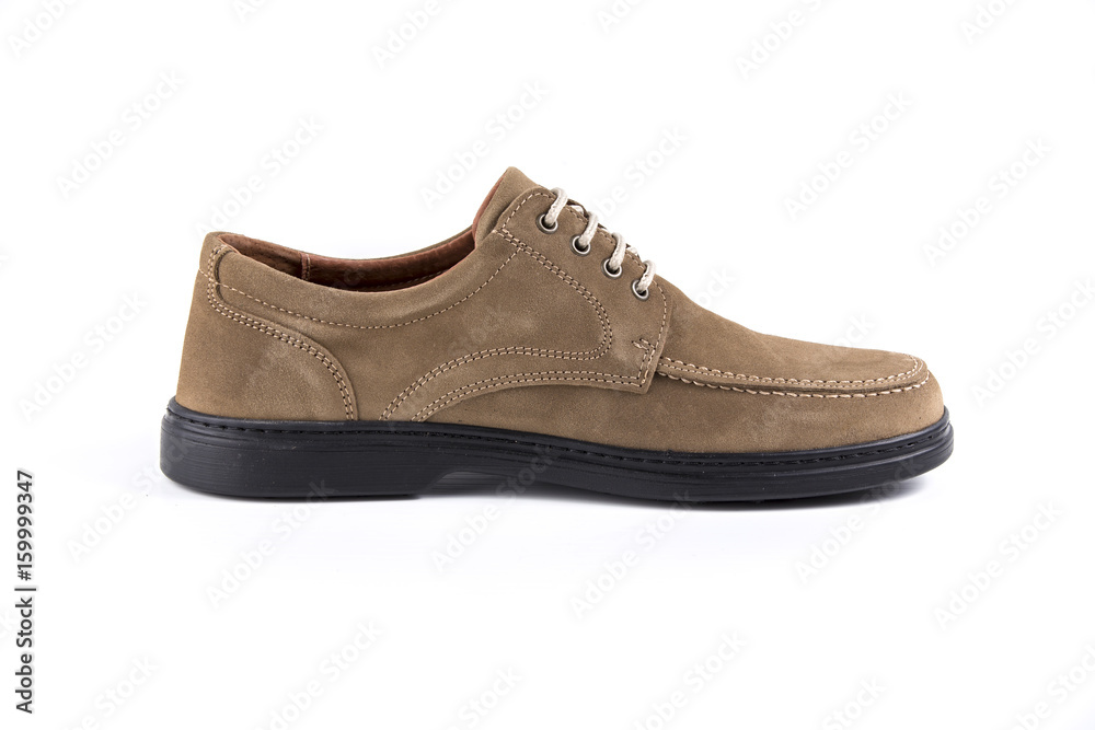 Male Brown Shoe Leather on White Background, Isolated Product, Top View, Studio. Male Brown Shoe Leather on White Background, Isolated Product, Top View, Studio.